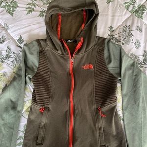 North Face hooded zip up fleece, olive green red trim, XS